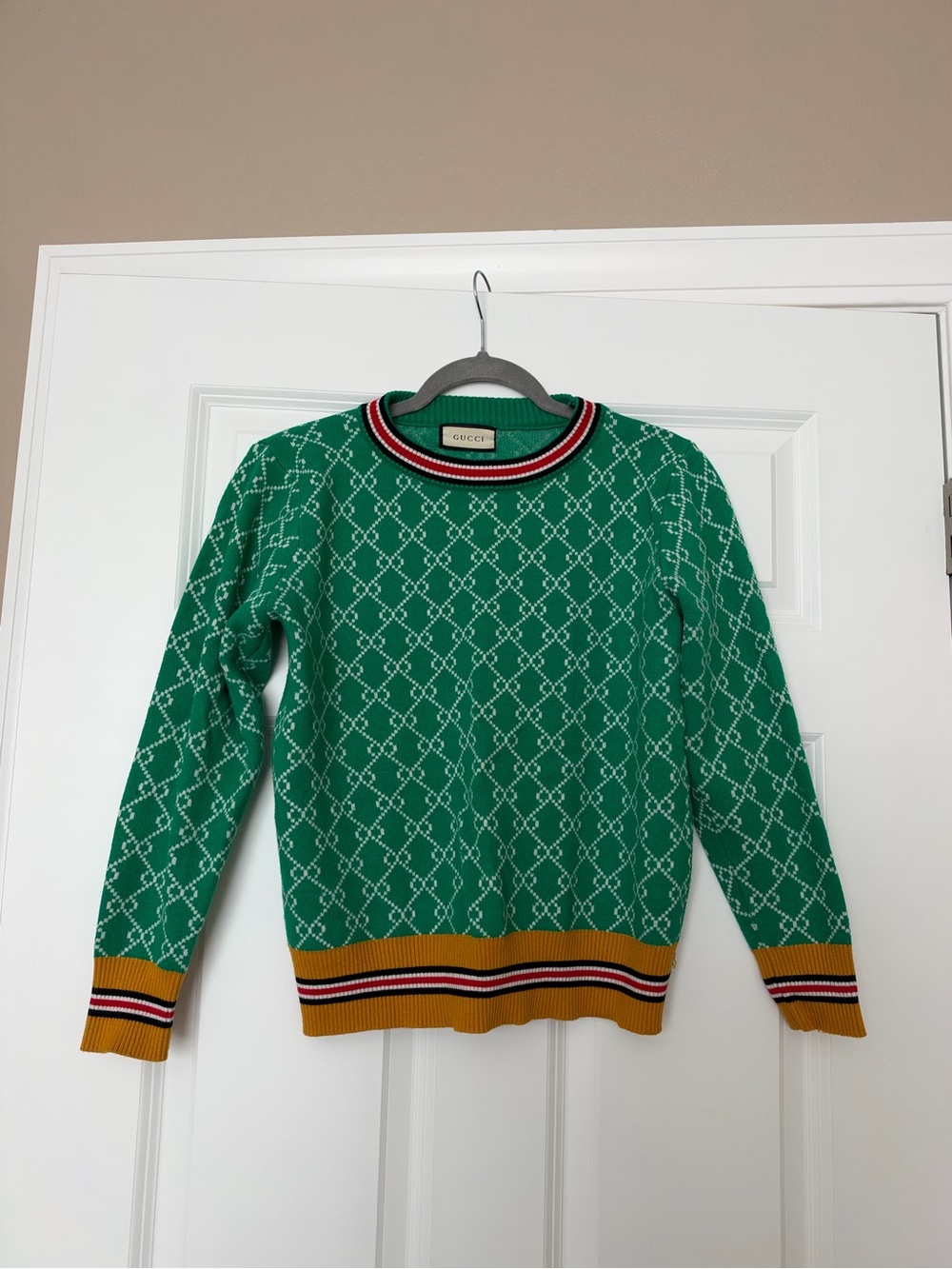 Gucci Green Patterned Crewneck Sweater with Striped Trim
